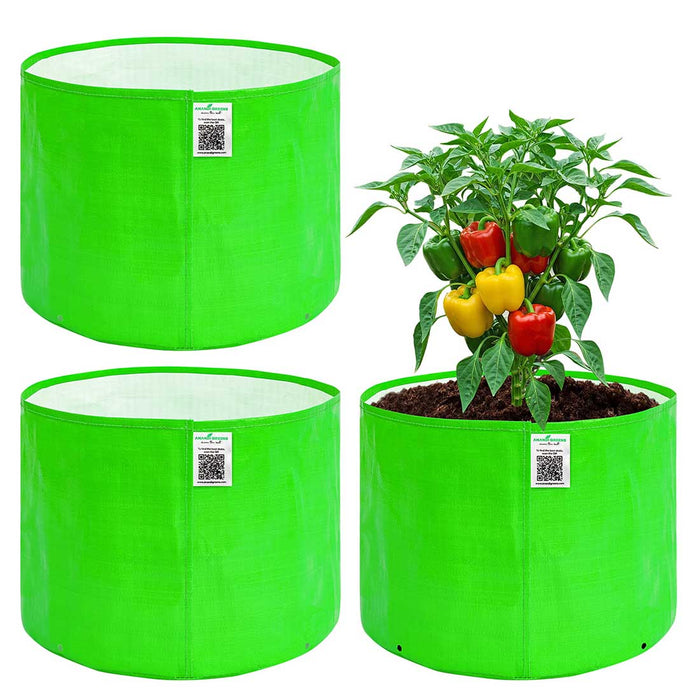 Anandi Greens grow bags with text highlighting features like heavy 5-layered material and thickened 260 GSM HDPE.