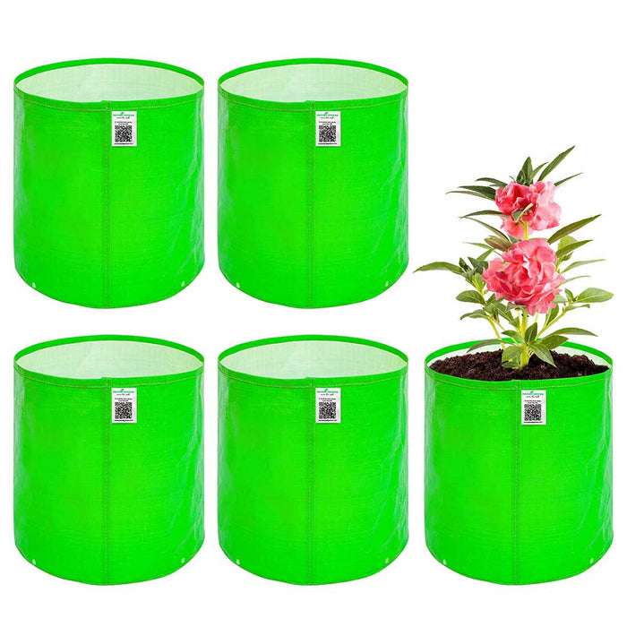 Four green Grow Bag fabric planters with a plant in one of them on a white background