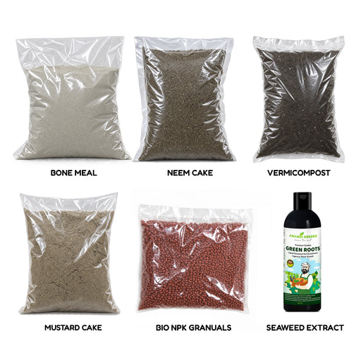 This all-in-one plant care combo includes Bone Meal, Neem Cake Powder, Mustard Cake, Seaweed Extract, Bio NPK Granules and Vermicompost