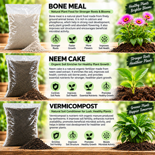 This all-in-one plant care combo includes Bone Meal, Neem Cake Powder, Mustard Cake, Seaweed Extract, Bio NPK Granules and Vermicompost