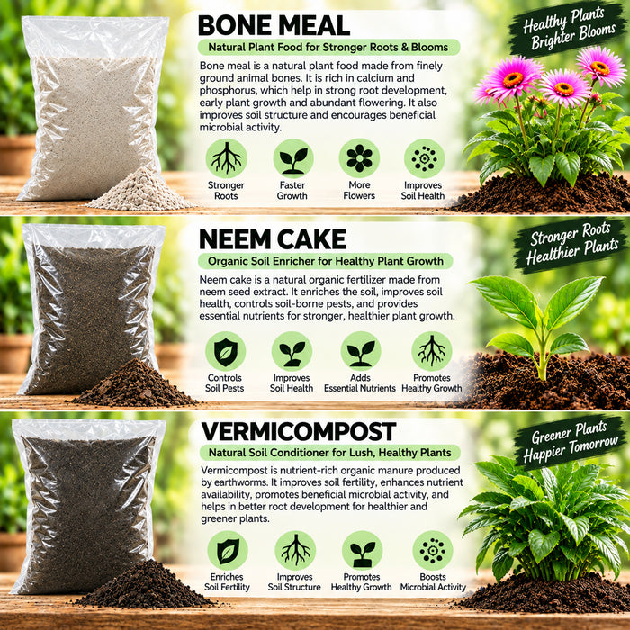 This all-in-one plant care combo includes Bone Meal, Neem Cake Powder, Mustard Cake, Seaweed Extract, Bio NPK Granules and Vermicompost