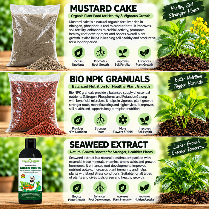 This all-in-one plant care combo includes Bone Meal, Neem Cake Powder, Mustard Cake, Seaweed Extract, Bio NPK Granules and Vermicompost