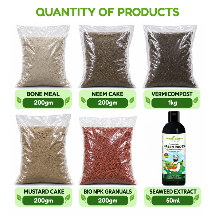 This all-in-one plant care combo includes Bone Meal, Neem Cake Powder, Mustard Cake, Seaweed Extract, Bio NPK Granules and Vermicompost