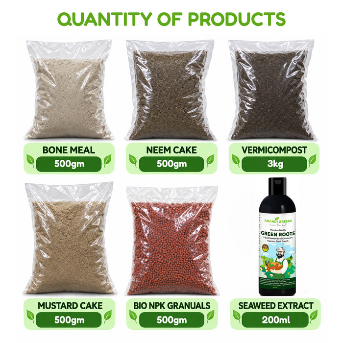 This all-in-one plant care combo includes Bone Meal, Neem Cake Powder, Mustard Cake, Seaweed Extract, Bio NPK Granules and Vermicompost
