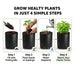 An instructional graphic showing four steps for growing healthy plants in a black cylindrical pot: Step 1 Fill with Potting Mix, Step 2 Plant Seeds or Saplings, Step 3 Water Regularly, and Step 4 Watch Your Plants Thrive. The image includes a large heading reading 'GROW HEALTY PLANTS IN JUST 4 SIMPLE STEPS' on a white background.