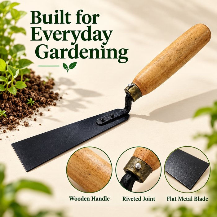 Wooden handle, riveted joint and flat metal blade details