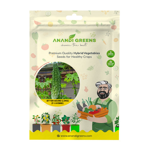 Anandi Greens Bitter Gourd Long F1 Hybrid Seeds seed packet front