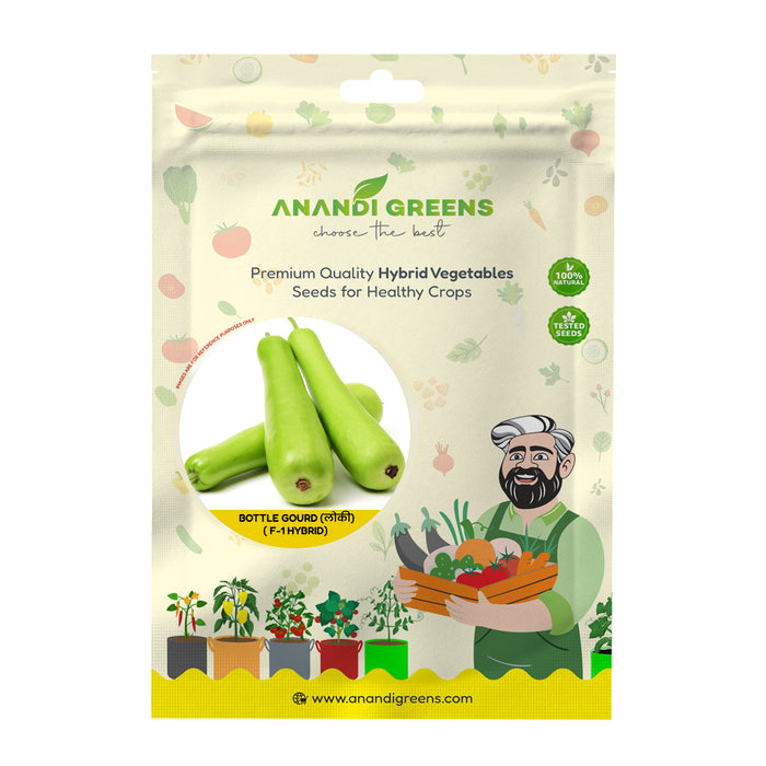 Anandi Greens Bottle Gourd (लोकी) F-1 Hybrid Seeds seed packet front