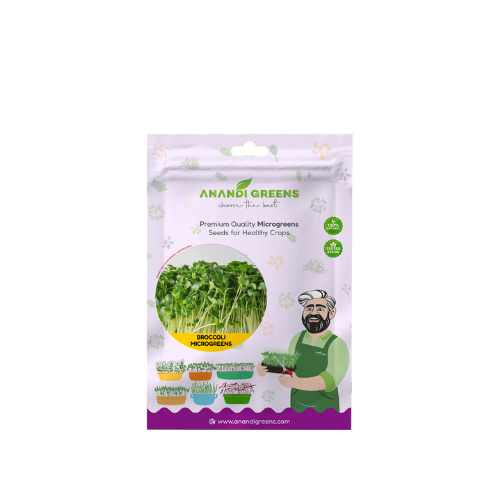 Broccoli Green Microgreens (ब्रोकोली माइक्रोग्रीन) – original Anandi Greens packet on white background