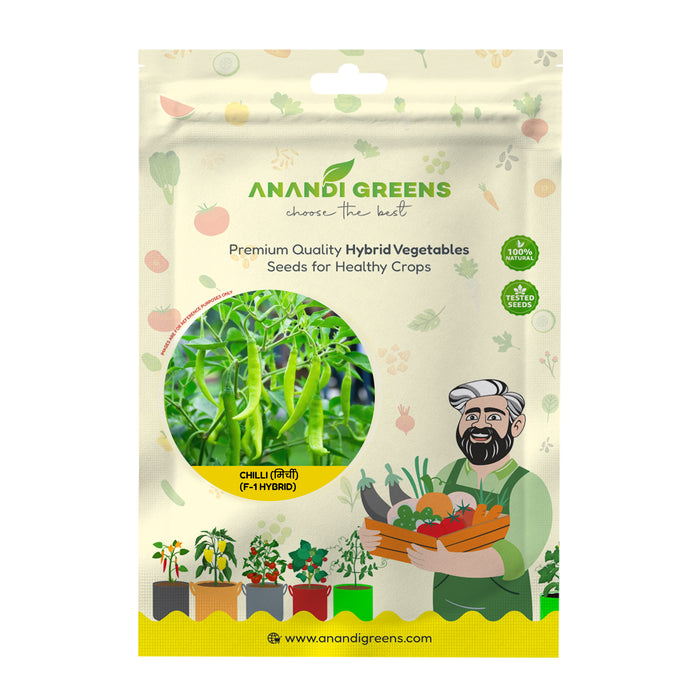 Anandi Greens Chilli F1 Hybrid Seeds seed packet front