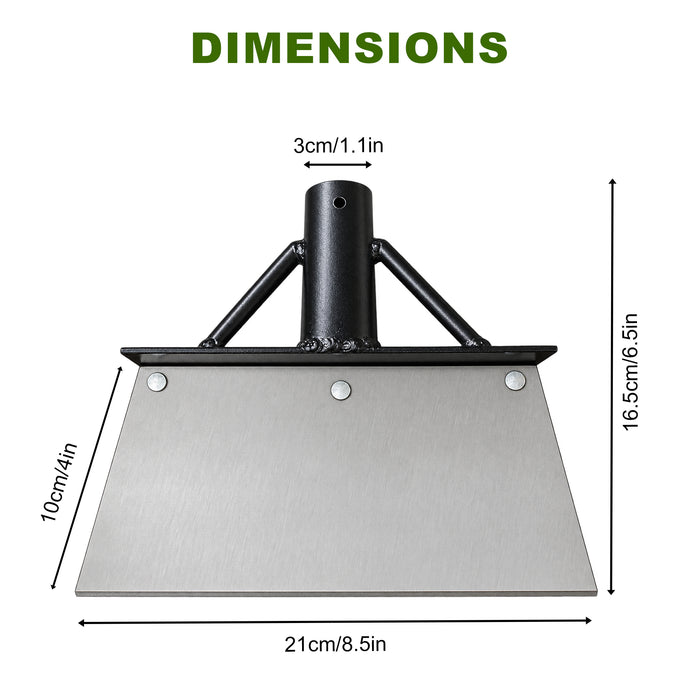 Garden scraper dimensions: 21 cm blade width, 10 cm blade height, 16.5 cm overall height