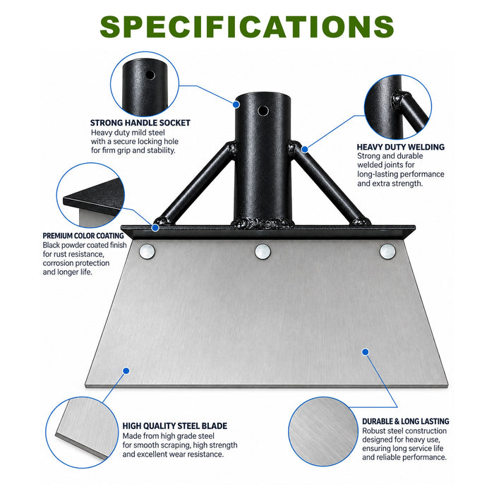 Steel blade, reinforced welded supports and black powder-coated handle socket