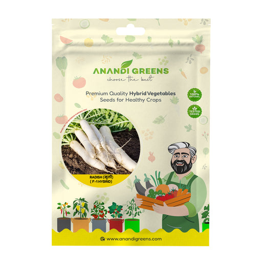 Anandi Greens Radish (मूली) F-1 Hybrid Seeds seed packet front