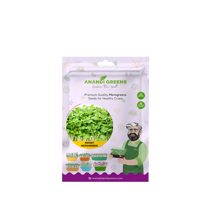 Rocket (रॉकेट माइक्रोग्रीन) Microgreens Seeds – original Anandi Greens packet on white background