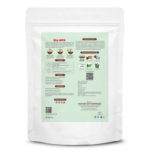 Bio NPK granules back label – NPK ratio and slow-release application rate