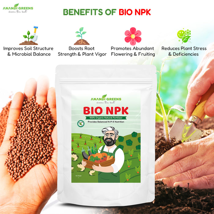 Bio NPK granules mixed into potting soil for grow bags and containers