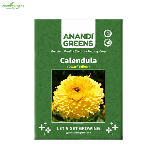 Calendula Dwarf yellow seeds packet with a yellow flower on a green background