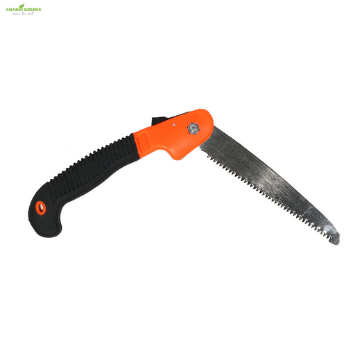 Folding saw with orange handle on a Heavy duty foldable pruning saw for branch cutting and gardening