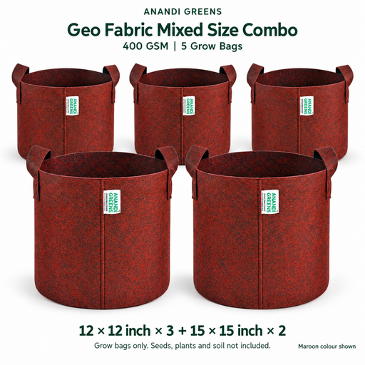 Anandi Greens 400 GSM Geo Fabric Mixed Size Combo: three 12x12 and two 15x15 inch grow bags, maroon colour shown