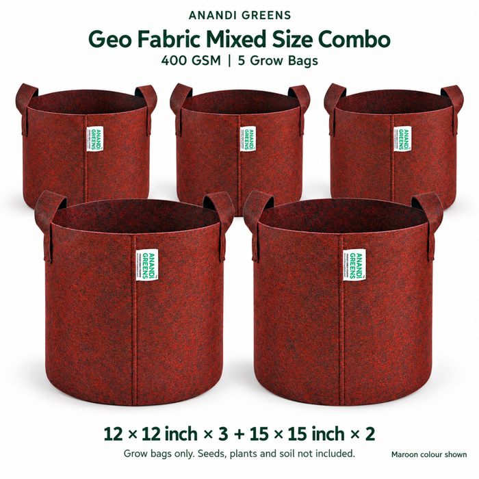 Anandi Greens 400 GSM Geo Fabric Mixed Size Combo: three 12x12 and two 15x15 inch grow bags, maroon colour shown