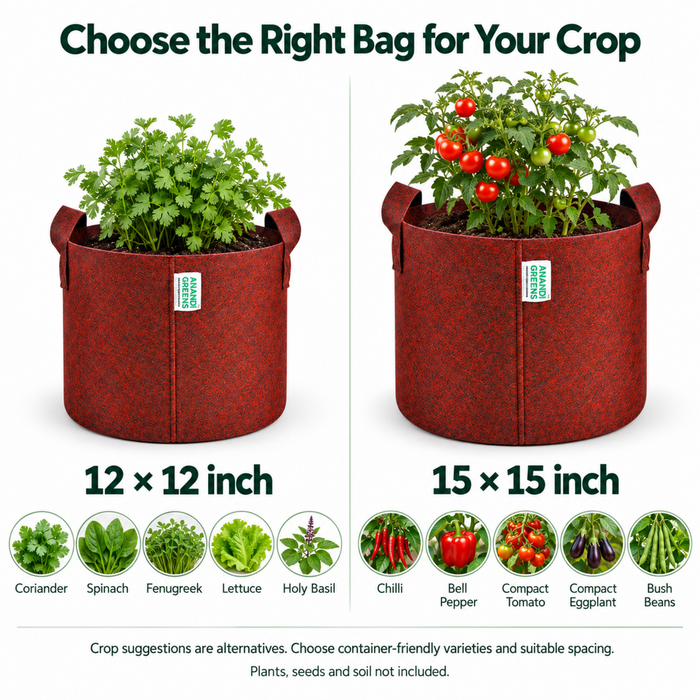 Anandi Greens 400 GSM Geo grow bag mixed size combo pack of 5 — crop guide