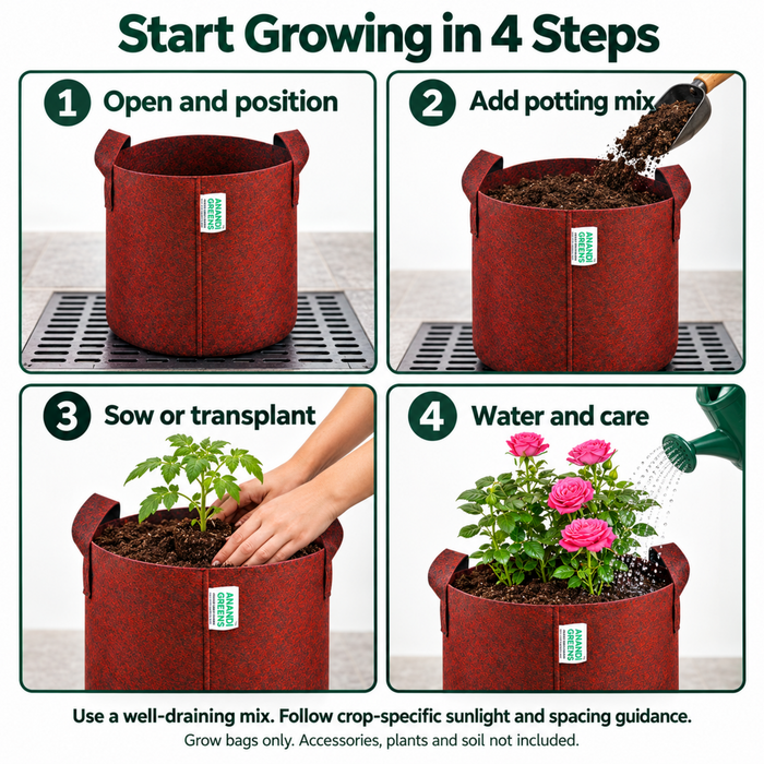 Anandi Greens 400 GSM Geo grow bag mixed size combo pack of 5 — planting steps