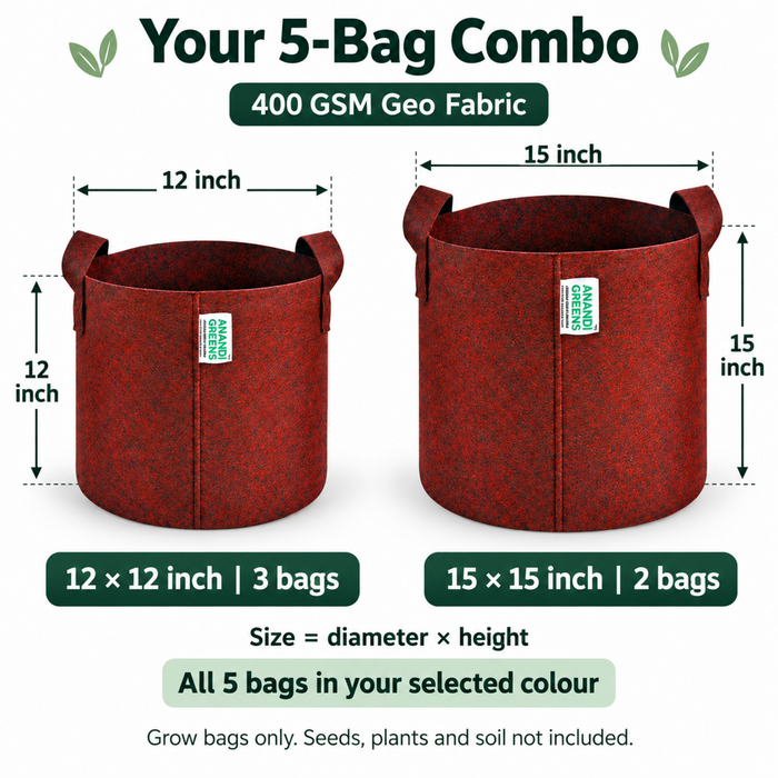 Anandi Greens 400 GSM Geo grow bag mixed size combo pack of 5 — sizes