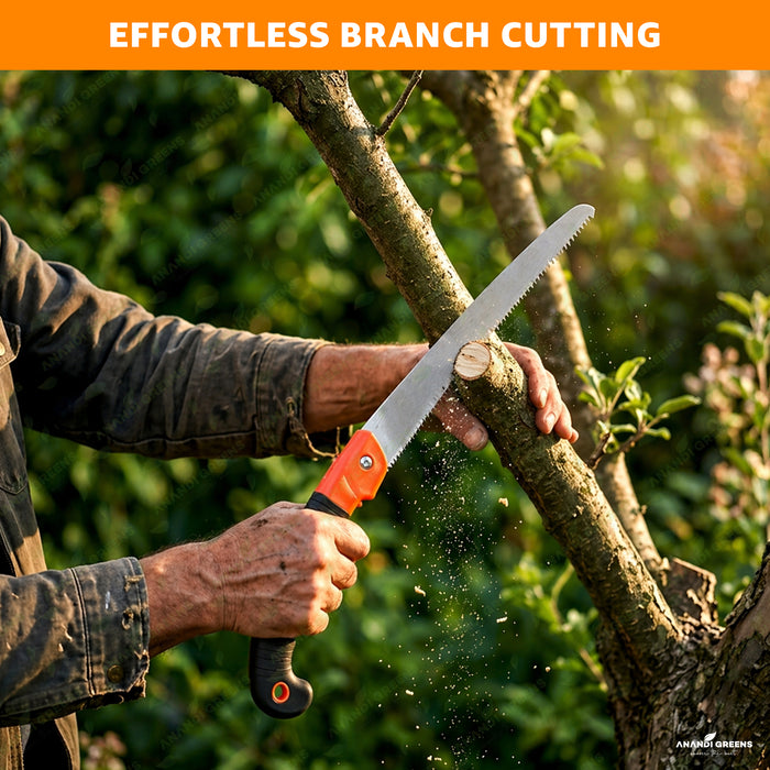 tree cutting Hand pruning saw cutting tree branch with sharp steel blade