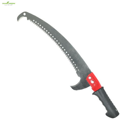 Hand saw with hook for tree pruning heavy duty. Sickle with a red handle on a white background