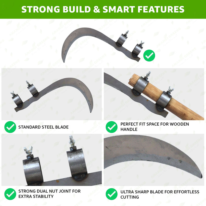 heavy duty sickle features razor sharp blade dual clamp strong steel build gardening tool