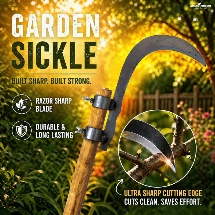 pruning branches with steel sickle tool sharp cutting gardening equipment