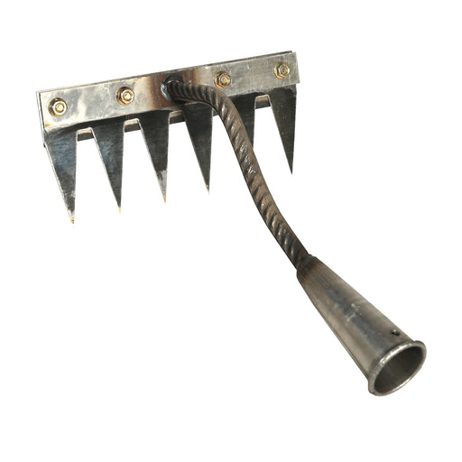 Metal garden rake with teeth on a white background