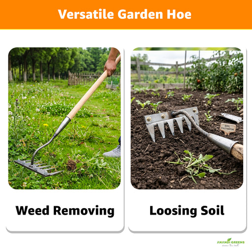 Garden hoe being used for weed removal and loosening soil with text 'Versatile Garden Hoe' at the top.