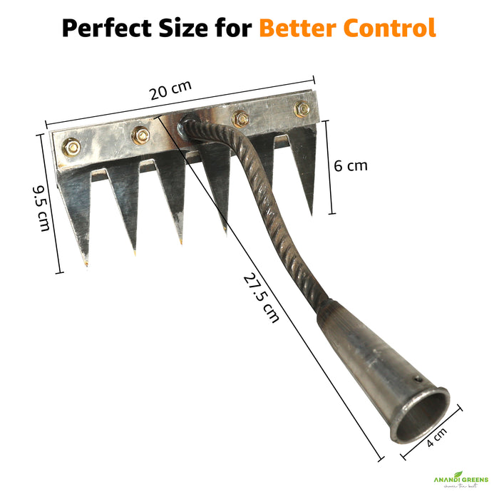 Gardening tool with measurements on a white background