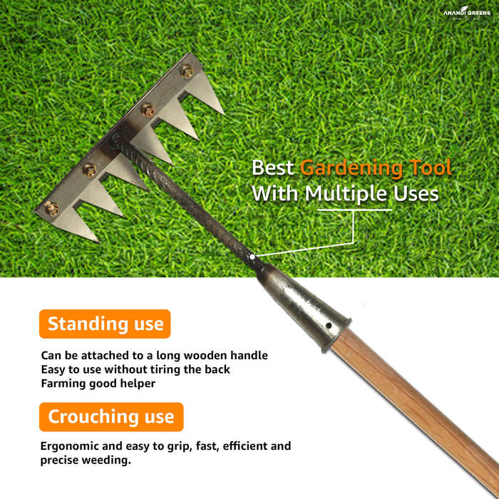 Multiple uses can be attached in wooden handle Gardening tool with multiple uses on a grass background