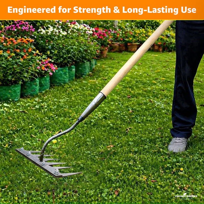 Person using a garden rake on grass with plants in the background, labeled 'Engineered for Strength & Long-Lasting Use'.