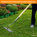Person using a garden rake on grass with plants in the background, labeled 'Engineered for Strength & Long-Lasting Use'.