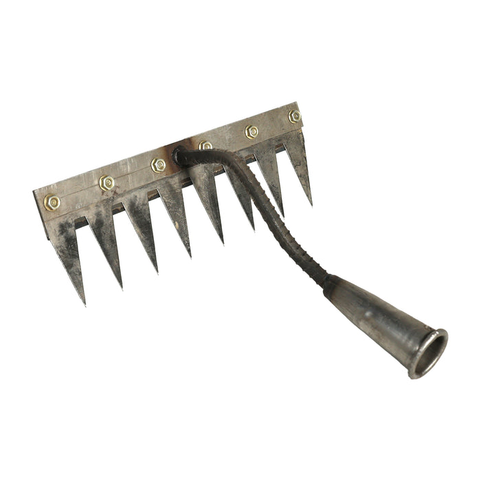 Metal garden weeding rake with 8  sharp teeth on a white background