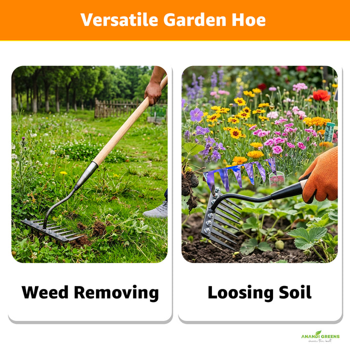 Garden hoe being used for weed removal and loosening soil with text 'Versatile Garden Hoe' at the top.