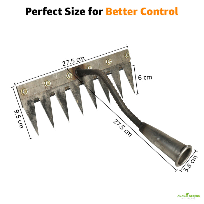 Garden rake with measurements on a white background
