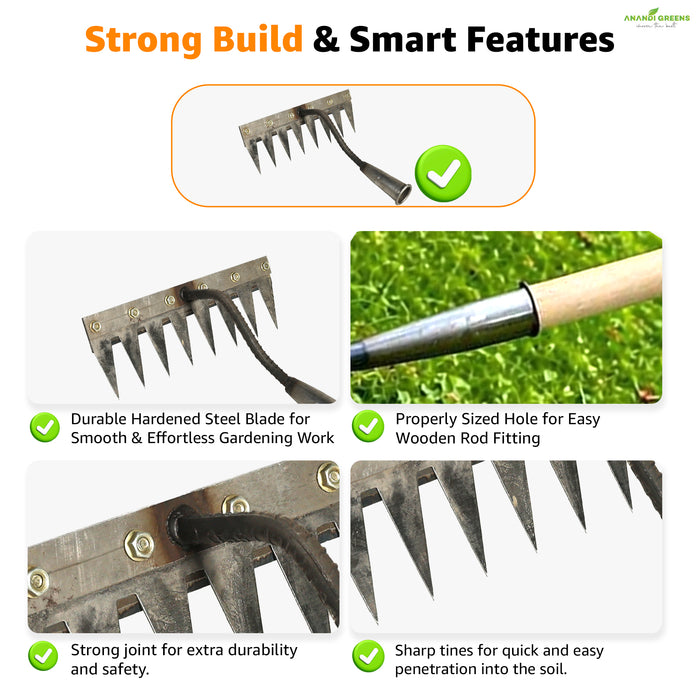 Gardening tool with features highlighted on a white background