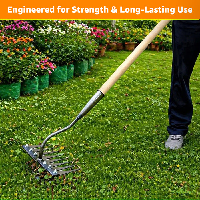 Person using a garden rake on grass with flowers in the background, text 'Engineered for Strength & Long-Lasting Use' at the top.