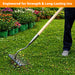 Person using a garden rake on grass with flowers in the background, text 'Engineered for Strength & Long-Lasting Use' at the top.