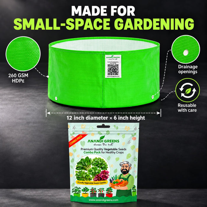 Anandi Greens original 12x6 inch 260 GSM HDPE grow bag with white lining and leafy vegetable seeds combo