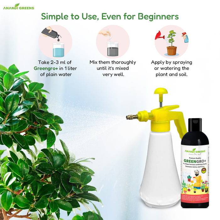 Green Gro Plus organic fertilizer back label – bio fertilizer nutrient profile and dilution dosage