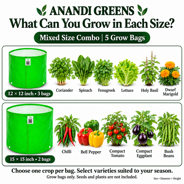 Anandi Greens mixed combo — suitable crops by grow bag size, English guide