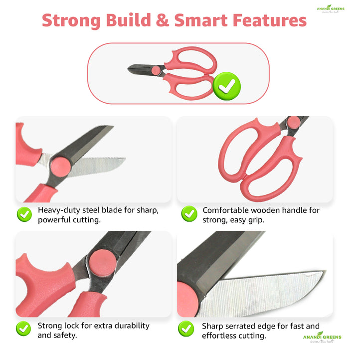 Scissors with red handles and black blades, featuring text on strong build and smart features.