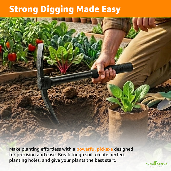 Pick axe breaking hard soil and rocks in garden Person using a pickaxe to dig in a garden with text about the tool's benefits.