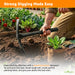 Pick axe breaking hard soil and rocks in garden Person using a pickaxe to dig in a garden with text about the tool's benefits.