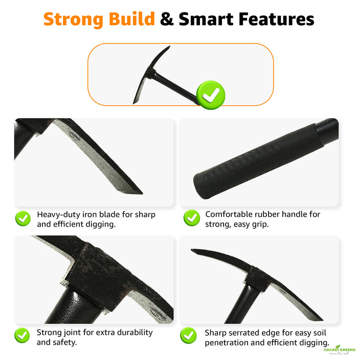 Heavy duty pick axe features strong build and rubber handle. Features of a tool with text highlighting strong build and smart features.
